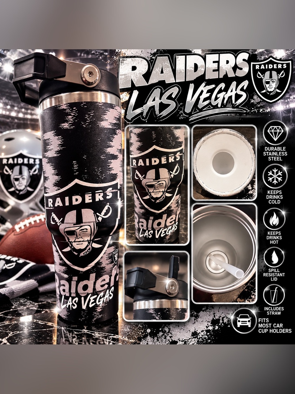 Las Vegas Raiders Stainless Steel Travel Tumbler - Black